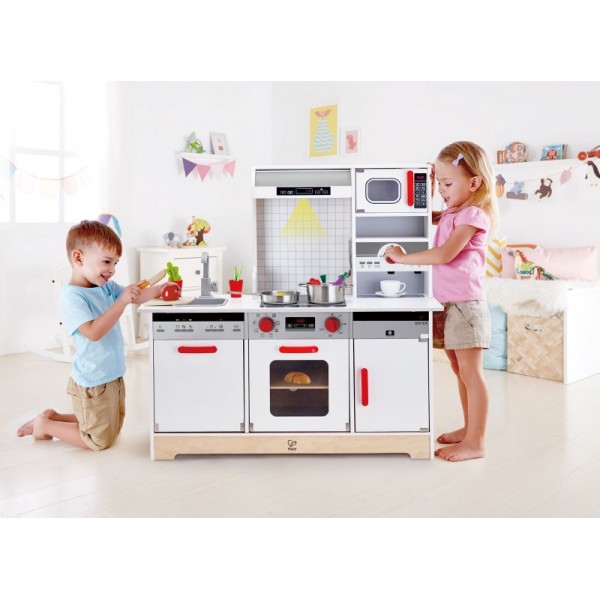 Hape All-in-1 Kitchen - Μεγάλη Επαγγελματική Κουζίνα Με Φώτα Και Ήχους - Περιλαμβάνει Κατσαρόλες Και Αξεσουάρ - 14 Τεμ. (E3145B)