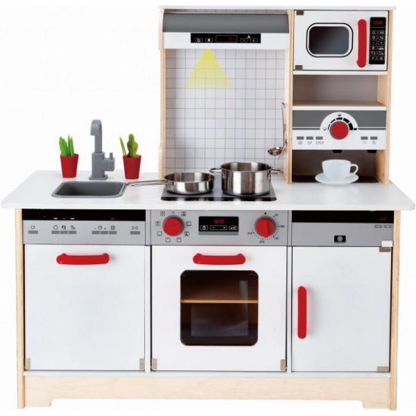 Hape All-in-1 Kitchen - Μεγάλη Επαγγελματική Κουζίνα Με Φώτα Και Ήχους - Περιλαμβάνει Κατσαρόλες Και Αξεσουάρ - 14 Τεμ. (E3145B)