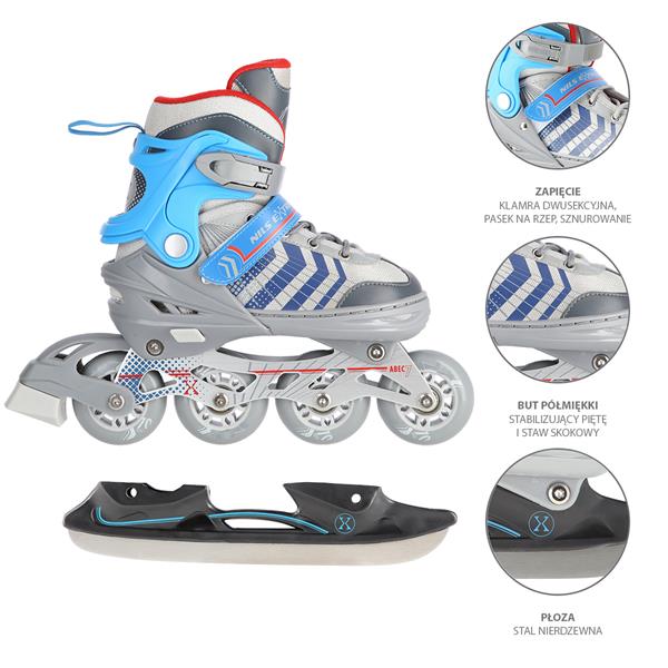 Rollers Αυξομειούμενα πατίνια 4 σε1 Γκρι/Μπλε IN-LINE SKATES/HOCKEY ICE SKATES NH18192GR